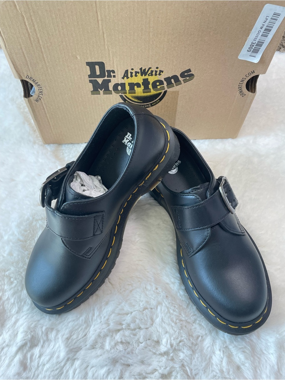 Dr. Martens Black Leather Buckle Clog with Yellow Stitching, Size 6 , NWB